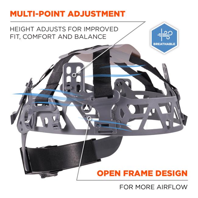 Multi-point adjustment. Height adjusts for improved fit, comfort and balance. Open frame design for more airflow. Breathable badge