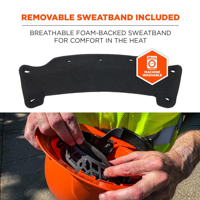 Removable sweatband included. Breathable foam-backed sweatband for comfort in the heat. Machine washable badge