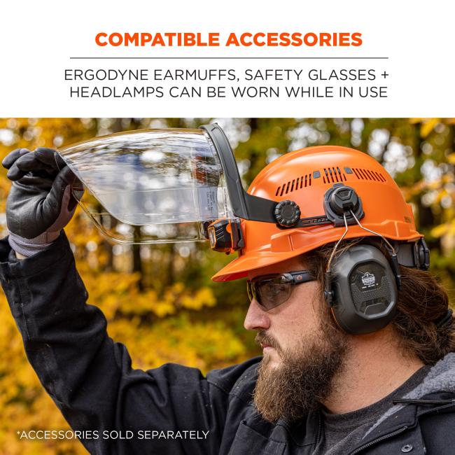 Compatible accessories: Ergodyne earmuffs, safety glasses and headlamps can be worm while in use. *Accessories sold separately. 