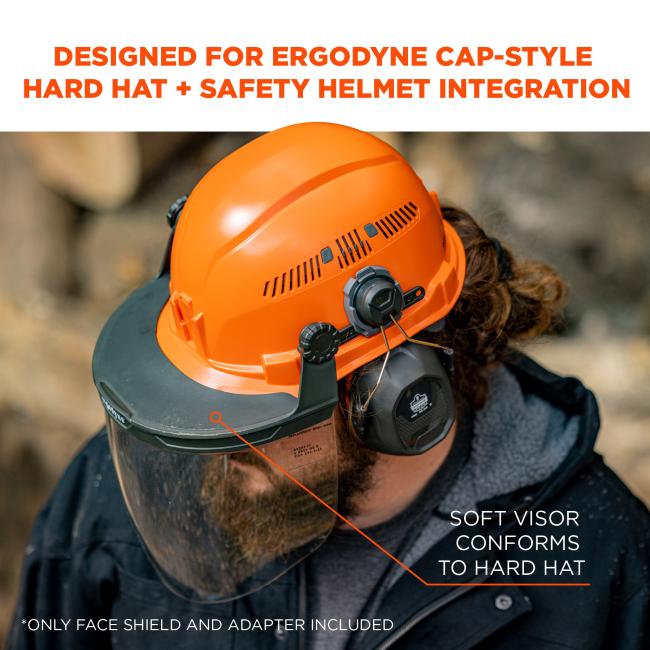 Designed for Ergodyne cap-style hard hat and safety helmet integration. Soft visor conforms to hard hat. *Only face shield and adapter included. 