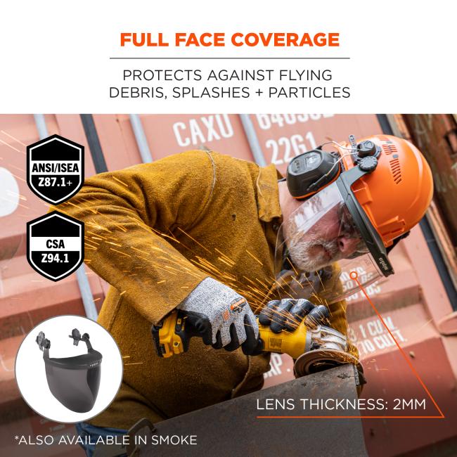 Full face coverage: protects against flying debris, splashes and particles. Lens thickness: 2mm. Also available in smoke. Meets ANSI/ISEA Z87.1-2020 standards. CSA compliant. 