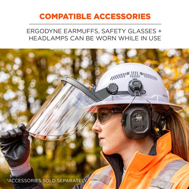 Compatible accessories: Ergodyne earmuffs, safety glasses and headlamps can be worm while in use. *Accessories sold separately. 