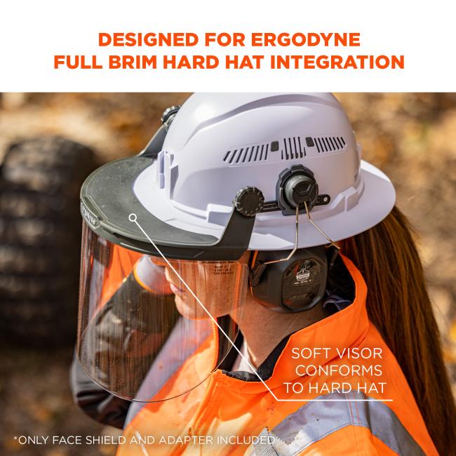 Designed for Ergodyne full brim hard hat integration. Soft visor conforms to hard hat. *Only face shield and adapter included. 