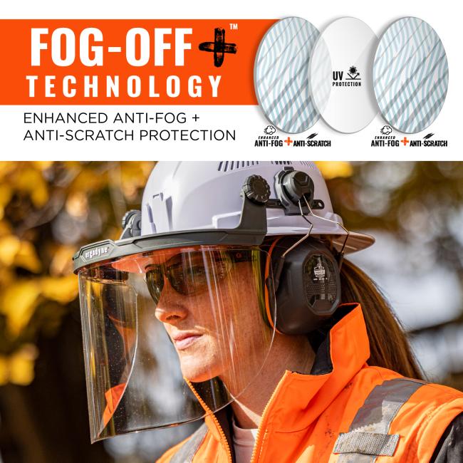 Fog-off Plus Technology. Enhanced anti-fog and anti-scratch protection. Fog-Off Plus Technology digram shows a layer of UV protective lens sandwiched between two layers of enhanced anti-fog off and anti-scratch. 