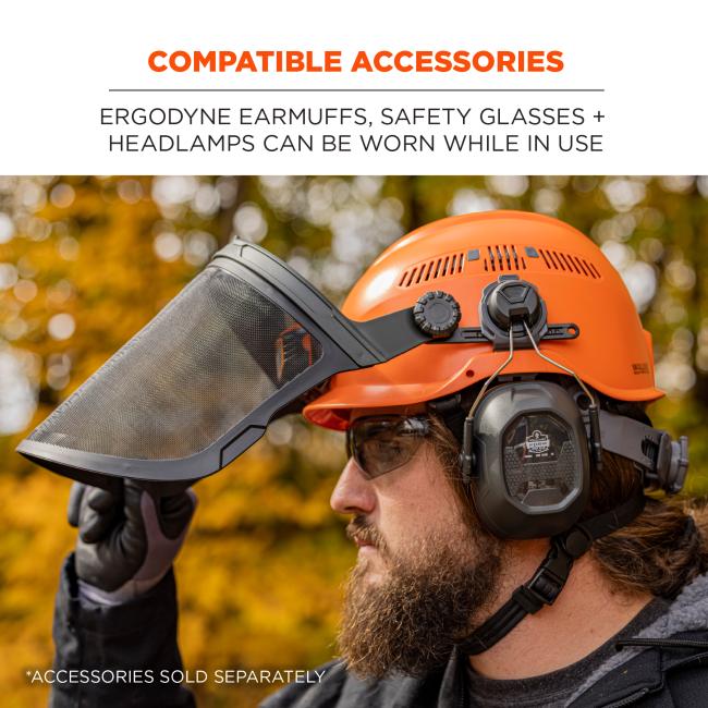 Compatible accessories. Ergodyne earmuffs, safety glasses and headlamps can be worn while in use. Accessories sold separately.