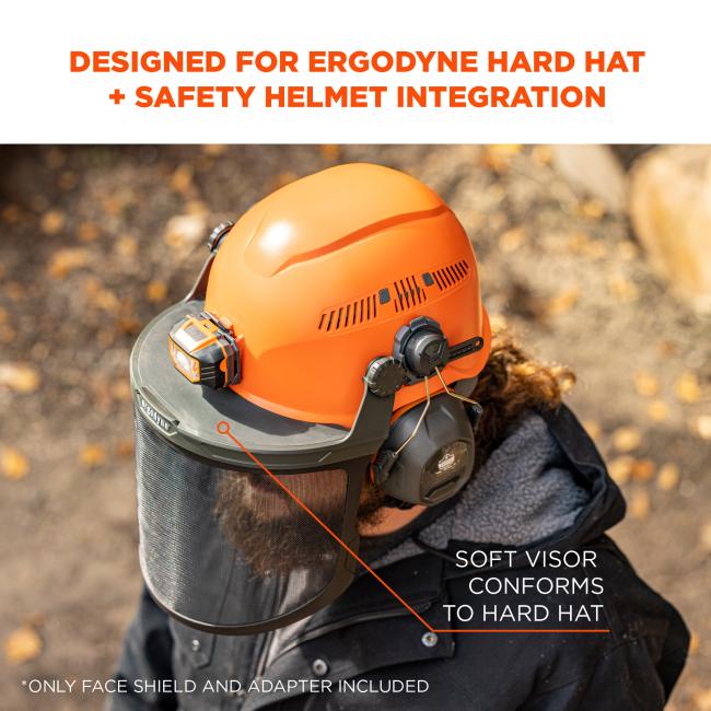Designed for ergodyne hard hat and safety helmet integration. Soft visor conforms to hard hat. Only face shield and adapter included. 