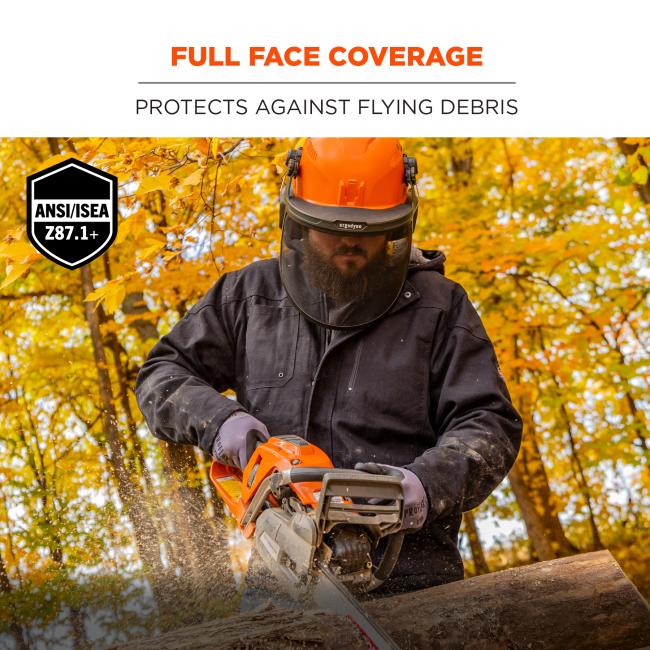Full face coverage. Protects against flying debris. Meets ANSI/ISEA Z87.1-2020 standards