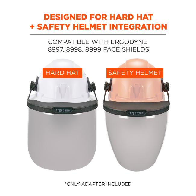Designed for hard hat and safety helmet integration. Compatible with Skullerz 8997, 8998, 8999 face shields. *Face shield and head protection not included. Image shows hard hat on the left and safety helmet on the right.