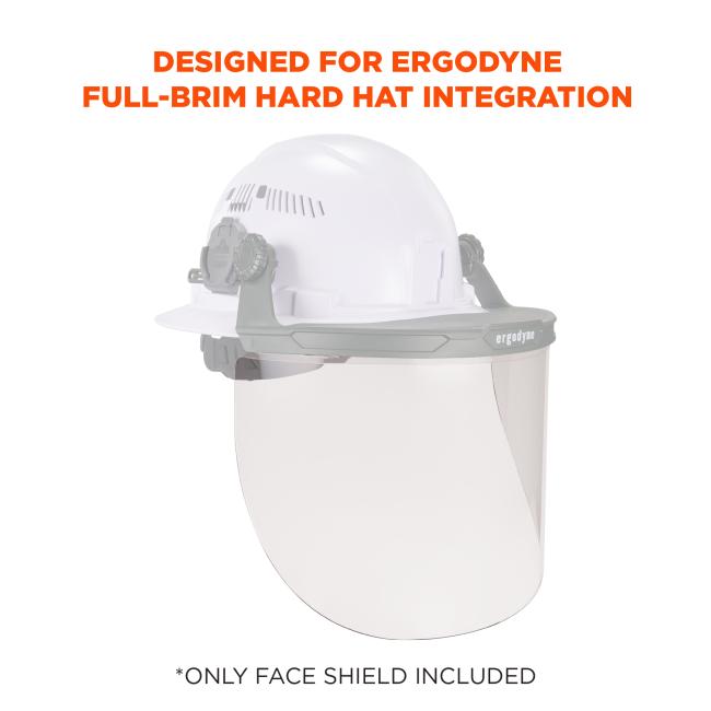 Designed for Ergodyne full-brim hard hat integration. Soft visor conforms to hard hat. *Only face shield included. 