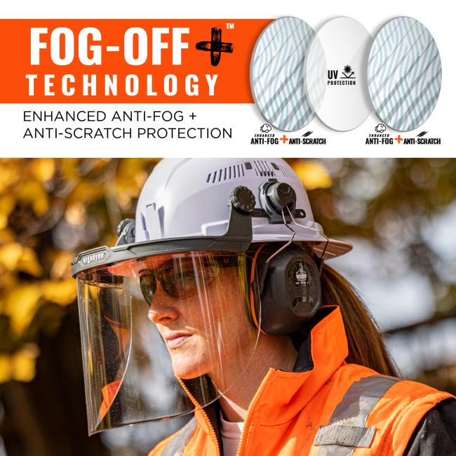 Fog-off Plus Technology. Enhanced anti-fog and anti-scratch protection. Fog-Off Plus Technology digram shows a layer of UV protective lens sandwiched between two layers of enhanced anti-fog off and anti-scratch. 