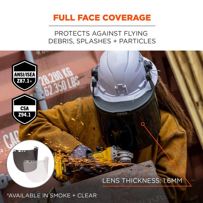 Full face coverage: protects against flying debris, splashes and particles. Lens thickness: 1.6mm. Also available in clear. Meets ANSI/ISEA Z87.1-2020 standards. CSA compliant. 