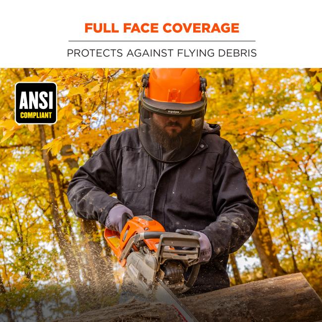 Full face coverage. Protects against flying debris. ANSI compliant badge.