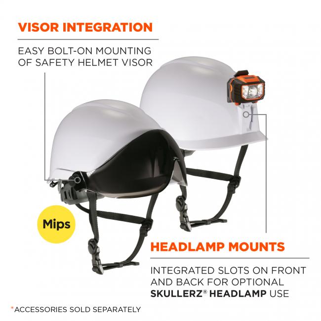 Visor integration: easy bolt-on mounting of safety helmet visor. Headlamp mounts: Integrated slots on front and back for optional Skullerz Headlamp use. *accessories sold separately. 