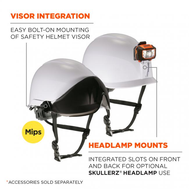Visor integration: easy bolt-on mounting of safety helmet visor. Headlamp mounts: Integrated slots on front and back for optional Skullerz Headlamp use. *accessories sold separately.