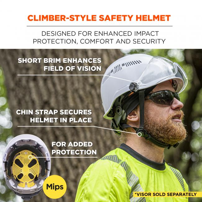 Climber-style safety helmet: designed for enhanced impact protection, comfort and security. Short brim enhances field of vision, chin strap secures helmet in place, Mips for added protection. *Visor sold separately.