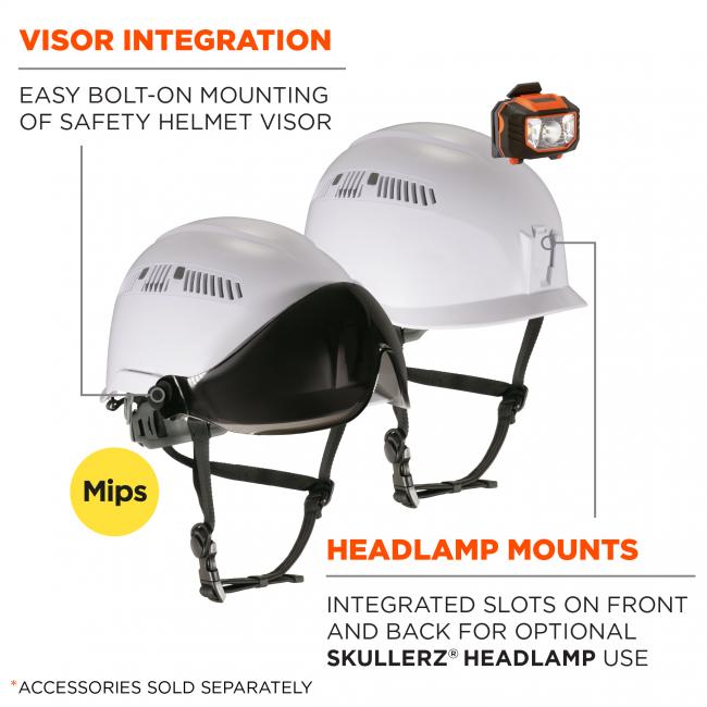 Visor integration: easy bolt-on mounting of safety helmet visor. Headlamp mounts: Integrated slots on front and back for optional Skullerz Headlamp use. *accessories sold separately.