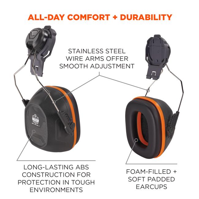 All-day comfort and durability. Stainless steel wire arms for smooth adjustment. Long lasting ABS construction for tough environments. Foam filled, soft padded earcups.