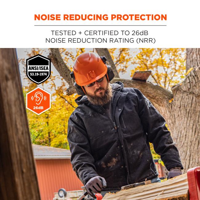 Noise reducing protection. Tested and certified to 26db noise reduction rating.