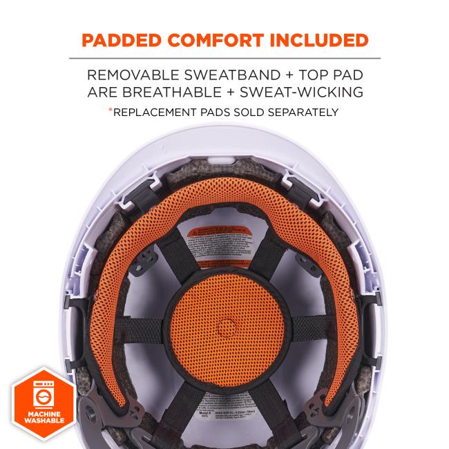 Padded comfort included with machine washable sweatband and breathable, sweat-wicking top pad. Replacement pads sole seperately