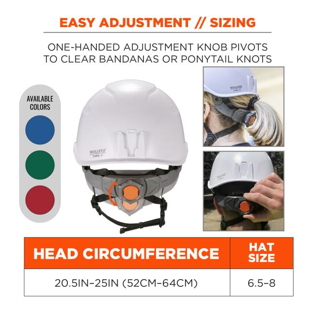 Easy adjustment and sizing: one-handed adjustment knob pivots to clear bandanas or ponytail knots. Head circumference: 20.5 to 25 inches or 52 to 64 centimeters. Hat size ranges from 6.5 to 8 .