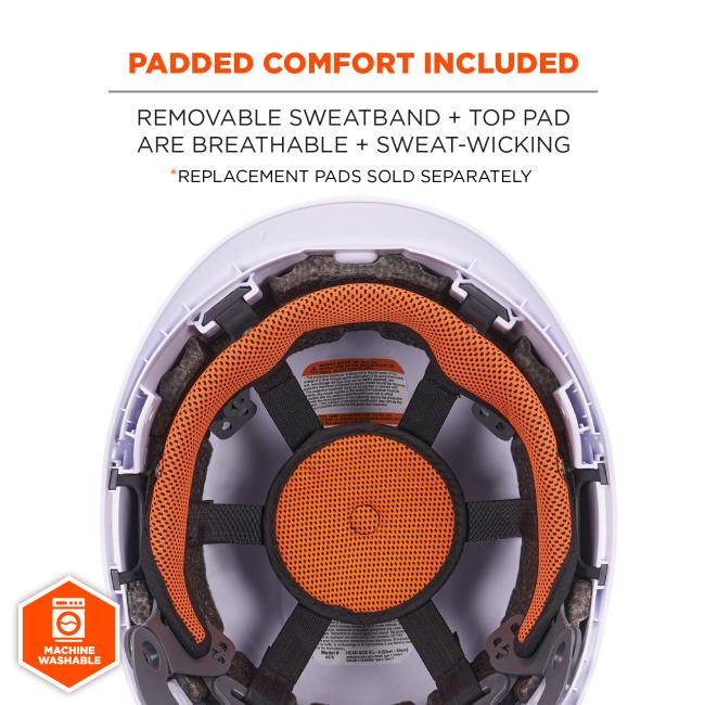 Padded comfort included with machine washable sweatband and breathable, sweat-wicking top pad. Replacement pads sole seperately