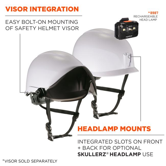 Visor integration: easy bolt-on mounting of safety helmet visor. Headlamps mounts with integrated slots on front and back for optional 8987 Skullerz rechargeable headlamp use. Headlamps sold seperately