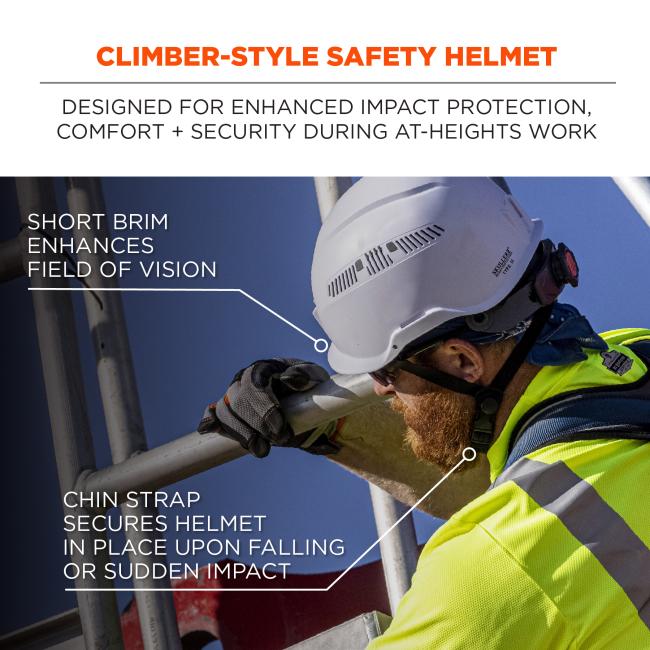 Climber-style safety helmet designed for enhanced impact protection, comfort and security during at-heights work. Short brim enhances field of vision, chin strap secures helmet in place upon falling or sudden impact