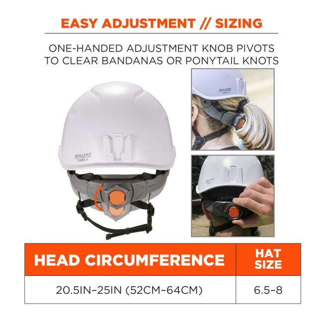 Easy adjustment and sizing: one-handed adjustment knob pivots to clear bandanas or ponytail knots. Head circumference: 20.5 to 25 inches or 52 to 64 centimeters. Hat size ranges from 6.5 to 8 .