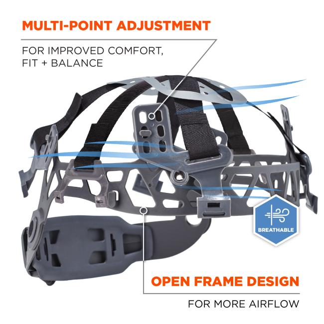 Multi-point adjustment for improved comfort, fit, and balance. Breathable open frame design allows for more airflow