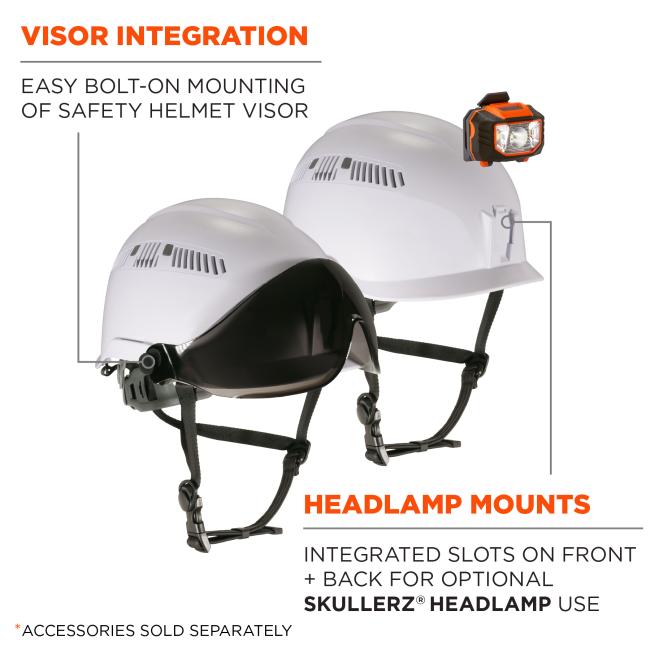 Visor integration: easy bolt-on mounting of safety helmet visor. Headlamps mounts with integrated slots on front and back for optional 8987 Skullerz rechargeable headlamp use. Headlamps sold seperately
