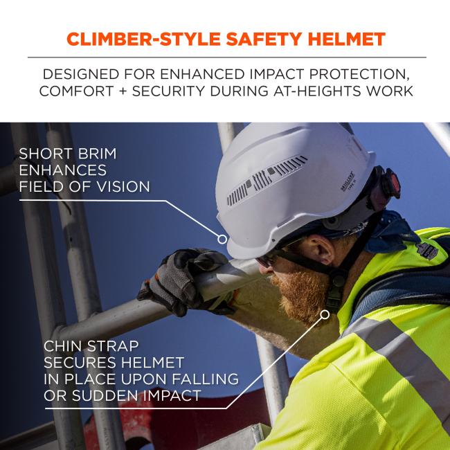Climber-style safety helmet designed for enhanced impact protection, comfort and security during at-heights work. Short brim enhances field of vision, chin strap secures helmet in place upon falling or sudden impact