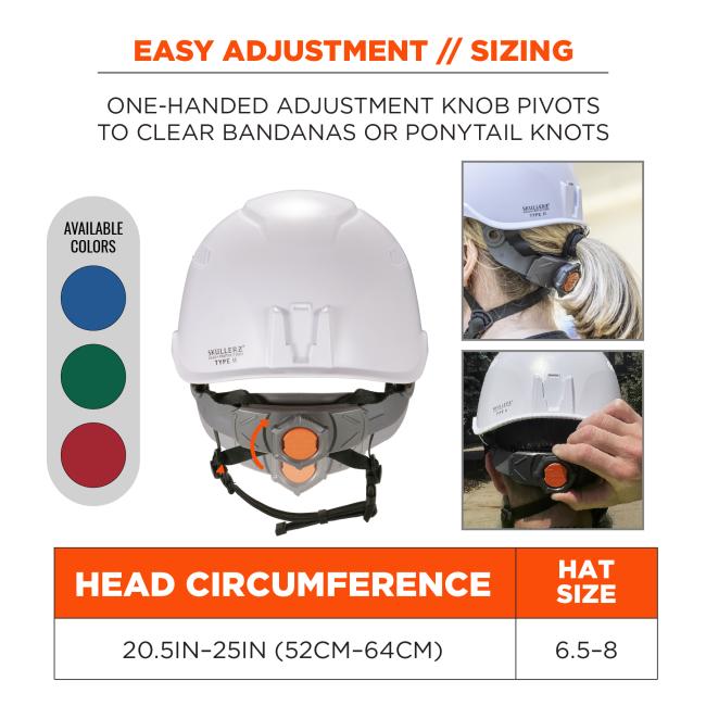 Easy adjustment and sizing: one-handed adjustment knob pivots to clear bandanas or ponytail knots. Head circumference: 20.5 to 25 inches or 52 to 64 centimeters. Hat size ranges from 6.5 to 8 .