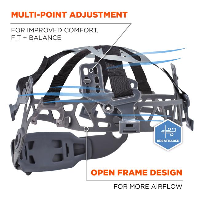 Multi-point adjustment for improved comfort, fit, and balance. Breathable open frame design allows for more airflow