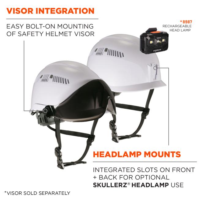 Visor integration: easy bolt-on mounting of safety helmet visor. Headlamps mounts with integrated slots on front and back for optional 8987 Skullerz rechargeable headlamp use. Headlamps sold seperately