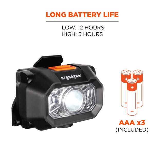 Long battery life. Low: 12 hours; High: 5 hours. AAA batteries x3 (included).