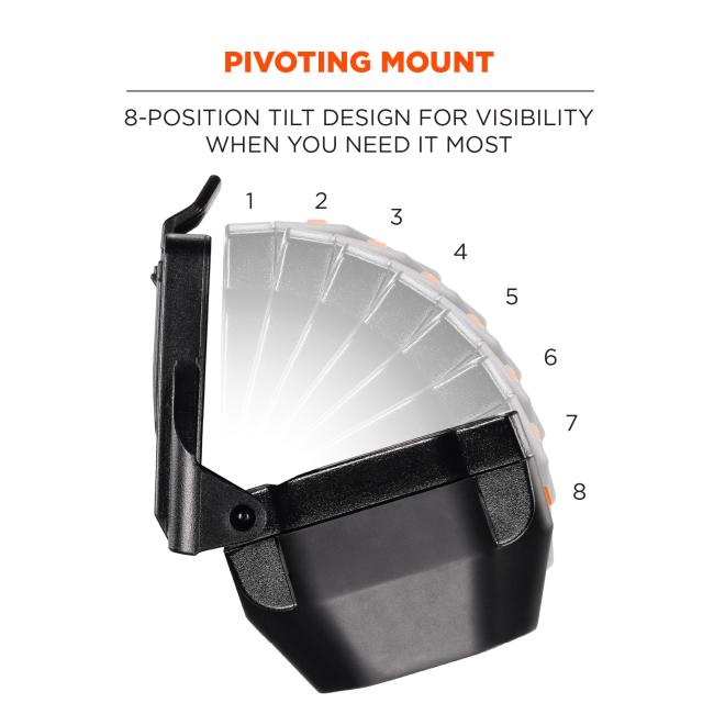 Pivoting mount. 8 position tilt design for visibility when you need it most.