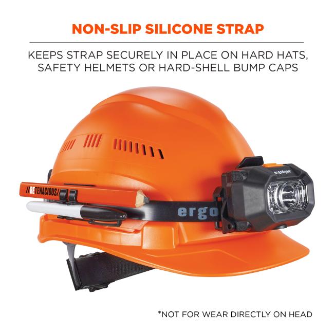 Non-slip silicon strap keeps strap securely in place on hard hats, safety helmets or hard-shell bump caps. Not for wear directly on head