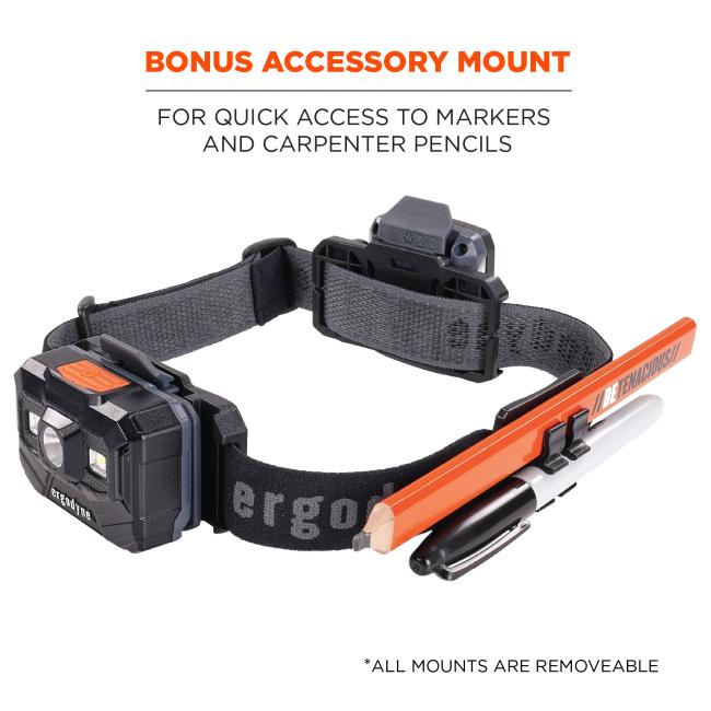 Bonus accessory mount for quick access to markers and carpenter pencils. All mounts are removable