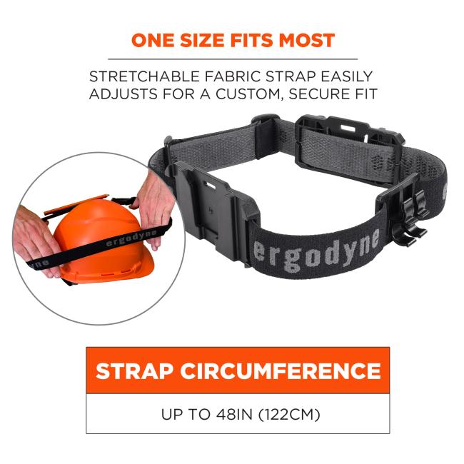 One size fits most. Stretchable fabric strap easily adjusts for a custom, secure fit. Strap circumference: up to 48 in (122cm)