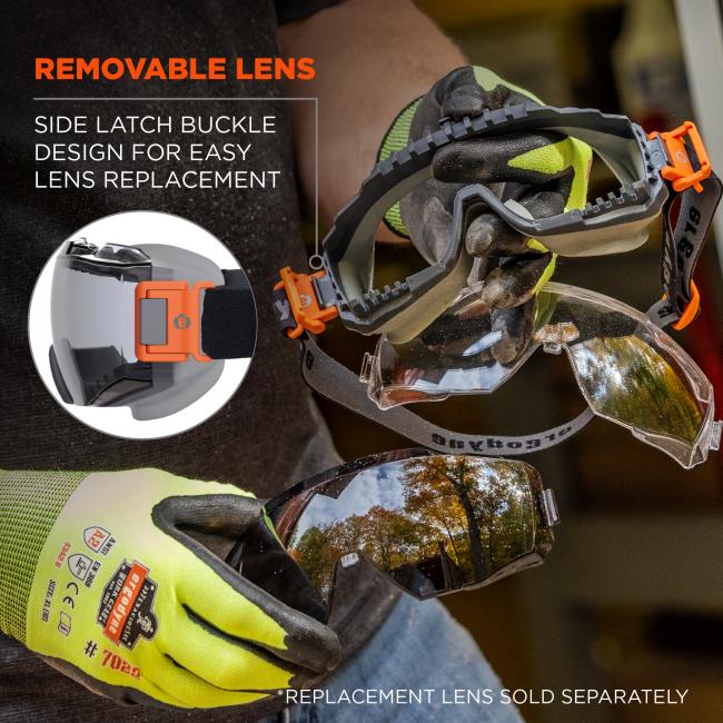Removable lens. Side latch buckle design for easy lens replacement. Replacement lens sold separately.