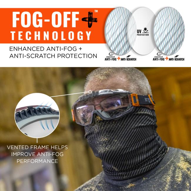 Fog-off+ technology. enhanced anti-fog and anti-scratch protection. Vented frame helps improve anti-fog performance. Fog-off+ technology. Inner lens: enhanced anti-fog and anti-scratch. Middle lens: UV protection. Outer lens: Enhanced anti-fog and anti-scratch. 
