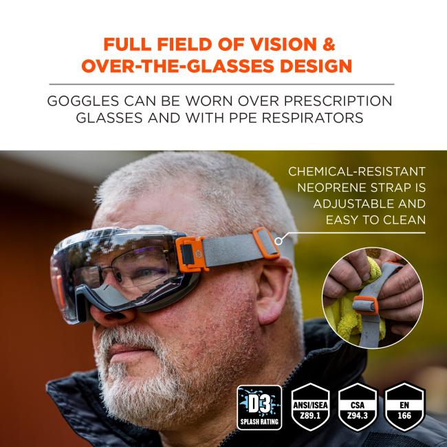 Full field of vision and over-the-glasses design. Goggles can be worn over prescription glasses and with ppe respirators. Adjustable neoprene strap is soft and woven. D3 splash rating, meets ansi/isea z87.1-2020 standards, EN166, CSA Compliant badges.