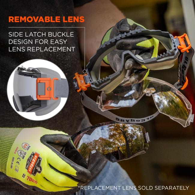 Removable lens. Side latch buckle design for easy lens replacement. Replacement lens sold separately.