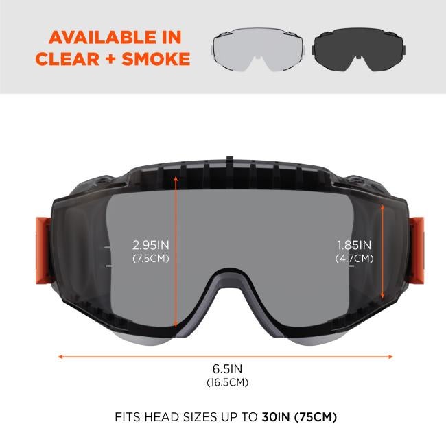Available in clear and smoke. Width: 6.5in (16.5cm). Frame length tallest: 2.95in (7.5cm). Frame length shortest: 1.85in (4.7cm). Fits head sizes up to 30in (75cm).