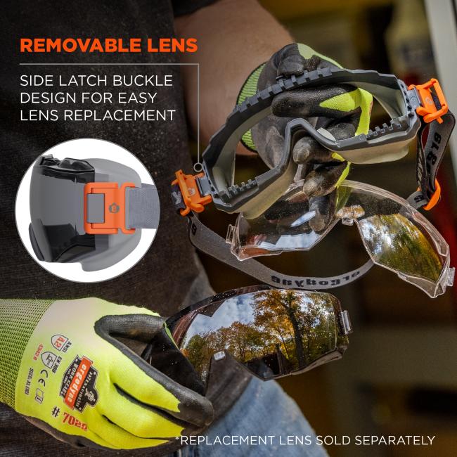 Removable lens. Side latch buckle design for easy lens replacement. Replacement lens sold separately.