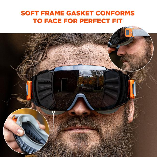 Soft frame gasket conforms to face for perfect fit.