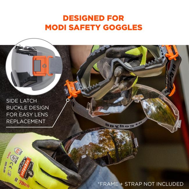 Designed for Modi safety goggles. Side latch buckle design for easy lens replacement. Frame and strap not included.