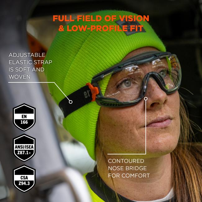 Full field of vision and low profile fit. Adjustable elastic strap is soft and woven. Contoured nose bridge for comfort. EN166, ANSI/ISEA Z87.1 Compliant, CSA Compliant badges.