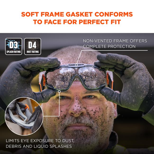 Soft frame gasket conforms to face for perfect fit. Non-vented frame offers complete protection. Limits eye exposure to dust, debris and liquid splashes. D3 splash rating. D4 splash rating.