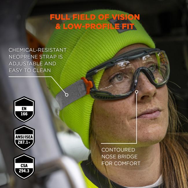 Full field of vision and low profile fit. Adjustable neoprene strap is soft and woven. Contoured nose bridge for comfort. EN166, ANSI/ISEA Z87.1 Compliant, CSA Compliant badges.